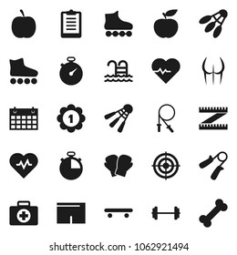 Flat vector icon set - diet vector, barbell, measuring, heart pulse, stopwatch, clipboard, jump rope, hand trainer, buttocks, boxing glove, shorts, roller Skates, skateboard, target, medal, calendar