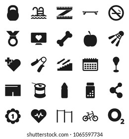 Flat vector icon set - diet vector, measuring, heart pulse, pills vial, bike, weight, hand trainer, horizontal bar, punching bag, shorts, skateboard, medal, sports nutrition, molecule, water bottle