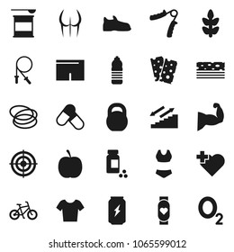 Flat vector icon set - diet vector, pills vial, bike, weight, jump rope, hand trainer, muscule, buttocks, snickers, shorts, swimsuite, t shirt, target, sports nutrition, enegry drink, heart monitor