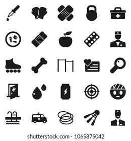 Flat vector icon set - diet vector, horizontal bar, boxing glove, roller Skates, target, enegry drink, shuttlecock, pool, heart monitor, bone, hoop, weight, doctor bag, magnifier, dropper, patch