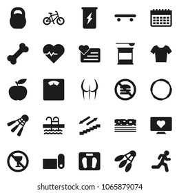Flat vector icon set - diet vector, scales, heart pulse, bike, weight, buttocks, t shirt, skateboard, sports nutrition, enegry drink, calendar, stairways run, fitness mat, breads, shuttlecock, pool