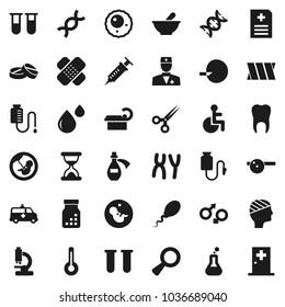 Flat vector icon set - disabled vector, doctor, thermometer, flask, vial, gender sign, dna, magnifier, pregnancy, insemination, syringe, scissors, sand clock, patch, pills, bottle, mortar, eye hat