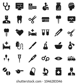 Flat vector icon set - disabled vector, heart cross, doctor, thermometer, flask, vial, eye, gender sign, crutches, scissors, scalpel, stethoscope, pills, bottle, mortar, hat, microscope, building