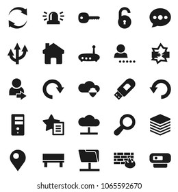 Flat vector icon set - disconnection vector, network folder, cloud, shield, big data, server, firewall, usb modem, router, home, favorites, message, bench, refresh, redo, undo, route arrow, unlock