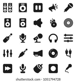 Flat vector icon set - disk vector, music hit, microphone, speaker, loudspeaker, settings, headphones, pause button, forward, rec, rca, jack, equalizer