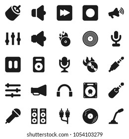 Flat vector icon set - disk vector, music hit, microphone, speaker, loudspeaker, settings, headphones, pause button, forward, rec, rca, jack, equalizer