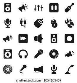 Flat vector icon set - disk vector, music hit, microphone, speaker, loudspeaker, settings, headphones, pause button, forward, rec, rca, jack