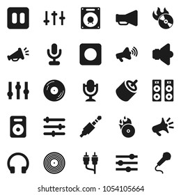 Flat vector icon set - disk vector, music hit, speaker, loudspeaker, settings, microphone, headphones, pause button, rec, rca, jack, equalizer