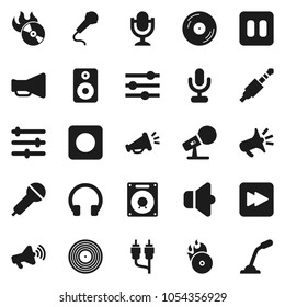 Flat vector icon set - disk vector, music hit, microphone, speaker, loudspeaker, headphones, pause button, forward, rec, rca, jack, equalizer