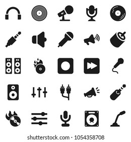 Flat vector icon set - disk vector, music hit, microphone, speaker, loudspeaker, settings, headphones, forward button, rec, rca, jack, equalizer