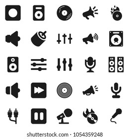 Flat vector icon set - disk vector, music hit, microphone, speaker, loudspeaker, settings, pause button, forward, rec, rca, equalizer
