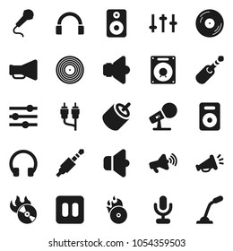 Flat vector icon set - disk vector, music hit, microphone, speaker, loudspeaker, settings, headphones, pause button, rca, jack, equalizer