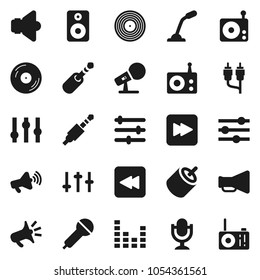 Flat vector icon set - disk vector, microphone, radio, speaker, loudspeaker, settings, equalizer, forward button, backward, rca, jack