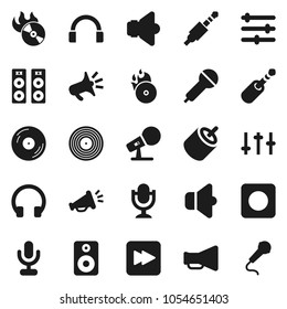 Flat vector icon set - disk vector, music hit, microphone, speaker, loudspeaker, settings, headphones, forward button, rec, rca, jack, equalizer