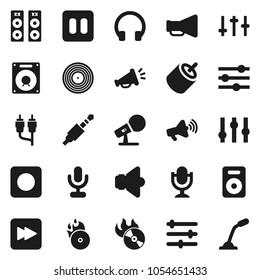 Flat vector icon set - disk vector, music hit, microphone, speaker, loudspeaker, settings, headphones, pause button, forward, rec, rca, jack, equalizer