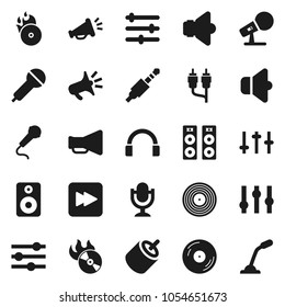 Flat vector icon set - disk vector, music hit, microphone, speaker, loudspeaker, settings, headphones, forward button, rca, jack, equalizer