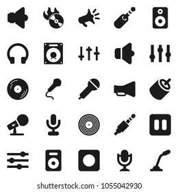 Flat vector icon set - disk vector, music hit, microphone, speaker, loudspeaker, settings, headphones, pause button, rec, rca, jack, equalizer