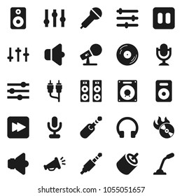 Flat vector icon set - disk vector, music hit, microphone, speaker, settings, headphones, pause button, forward, rca, jack, equalizer, loudspeaker
