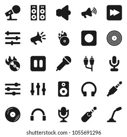 Flat vector icon set - disk vector, music hit, microphone, speaker, loudspeaker, settings, headphones, pause button, forward, rec, rca, jack, equalizer