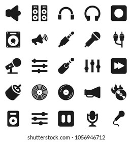 Flat vector icon set - disk vector, music hit, microphone, speaker, loudspeaker, settings, headphones, pause button, forward, rec, rca, jack, equalizer