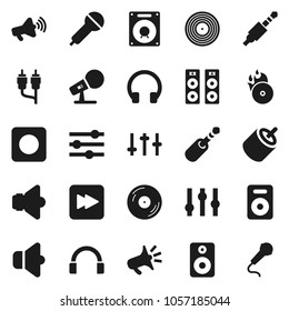 Flat vector icon set - disk vector, music hit, microphone, speaker, loudspeaker, settings, headphones, forward button, rec, rca, jack, equalizer