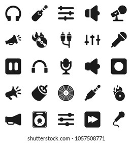 Flat vector icon set - disk vector, music hit, microphone, speaker, loudspeaker, settings, headphones, pause button, forward, rec, rca, jack, equalizer