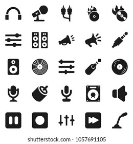 Flat vector icon set - disk vector, music hit, microphone, speaker, settings, headphones, pause button, forward, rec, rca, jack, equalizer, loudspeaker