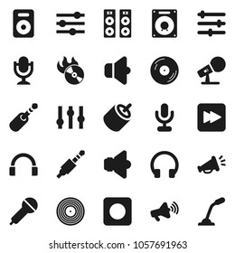 Flat vector icon set - disk vector, music hit, microphone, speaker, loudspeaker, settings, headphones, forward button, rec, rca, jack, equalizer