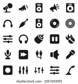 Flat vector icon set - disk vector, music hit, microphone, speaker, settings, headphones, pause button, forward, rec, rca, jack, equalizer, loudspeaker