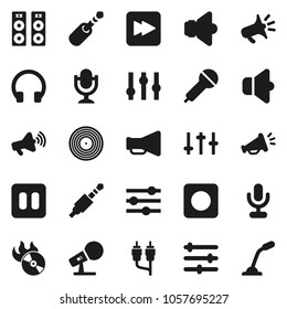 Flat vector icon set - disk vector, music hit, microphone, speaker, loudspeaker, settings, headphones, pause button, forward, rec, rca, jack, equalizer