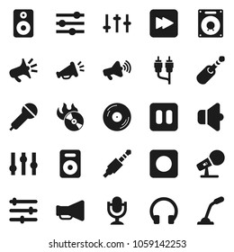 Flat vector icon set - disk vector, music hit, microphone, speaker, loudspeaker, settings, headphones, pause button, forward, rec, rca, jack, equalizer