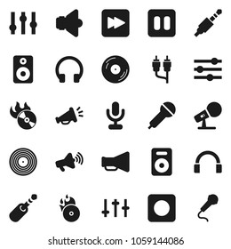 Flat vector icon set - disk vector, music hit, microphone, speaker, loudspeaker, settings, headphones, pause button, forward, rec, rca, jack, equalizer