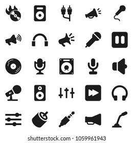Flat vector icon set - disk vector, music hit, microphone, speaker, loudspeaker, settings, headphones, pause button, forward, rca, jack, equalizer