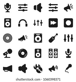 Flat vector icon set - disk vector, music hit, microphone, speaker, loudspeaker, settings, headphones, forward button, rec, jack, equalizer