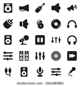 Flat vector icon set - disk vector, music hit, microphone, speaker, loudspeaker, settings, headphones, pause button, forward, rca, jack, equalizer