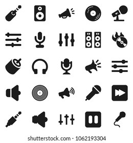 Flat vector icon set - disk vector, music hit, microphone, speaker, loudspeaker, settings, headphones, pause button, forward, rca, jack, equalizer