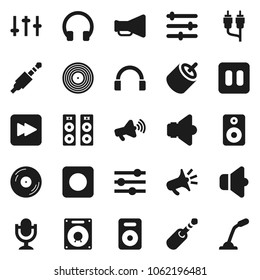 Flat vector icon set - disk vector, speaker, loudspeaker, settings, microphone, headphones, pause button, forward, rec, rca, jack, equalizer