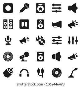 Flat vector icon set - disk vector, music hit, microphone, speaker, loudspeaker, settings, headphones, pause button, rec, rca, equalizer