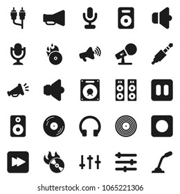 Flat vector icon set - disk vector, music hit, microphone, speaker, loudspeaker, settings, headphones, pause button, forward, rec, rca, jack, equalizer