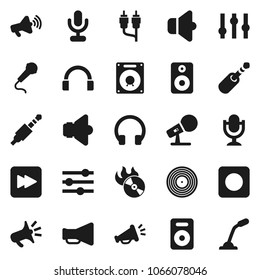 Flat vector icon set - disk vector, music hit, microphone, speaker, loudspeaker, settings, headphones, forward button, rec, rca, jack, equalizer