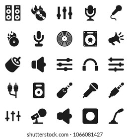 Flat vector icon set - disk vector, music hit, microphone, speaker, settings, headphones, rec button, rca, jack, equalizer, loudspeaker