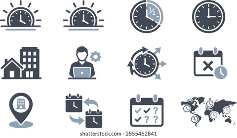 Flat vector icon set displaying remote work and flexible schedule concepts including morning clock corporate building flexible hours and time zones
