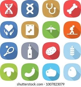 flat vector icon set - dna vector, stethoscope, bone, health care, roentgen, ambulance sign, tourist, tennis, vegetable oil, potato, spike, mushroom, eggplant, tomato, egg
