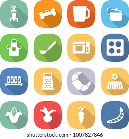 flat vector icon set - dna modify vector, bone, cup, steam pan, apron, ladle, grill oven, hob, spices, grater, croissant, field, corn, beet, carrot, peas