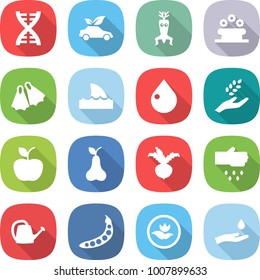 flat vector icon set - dna vector, eco car, modify, flower bed, flippers, shark flipper, drop, harvest, apple, pear, beet, sow, watering can, peas, ecology, hand and