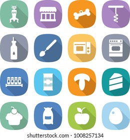 flat vector icon set - dna modify vector, market, bone, corkscrew, vegetable oil, big spoon, grill oven, spices, pasta, mushroom, cake, cupcake, flour, apple, egg