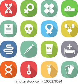 flat vector icon set - dna vector, female sign, medical patch, head reflector, recipe, skull, harness, kidneys, intestines, syringe, uv cream, hospital, thermometer, carrot, gloves