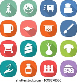 flat vector icon set - dna modify vector, donut, fast deliver, toaster, cup, pan, colander, big spoon, bbq, cake, onion, mushroom, harvest, pills bottle, grain elevator, cheese