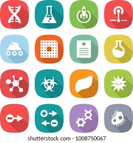 flat vector icon set - dna vector, flask, rocket, laser, lunar rover, cpu, recipe, virus, biohazard, liver, electron, charge particle, edit, microb