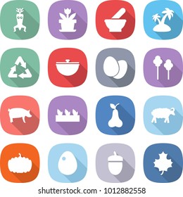flat vector icon set - dna modify vector, flower, mortar, island, recycle, cauldron, eggs, trees, pig, seedling, pear, sheep, pumpkin, egg, acorn, maple leaf